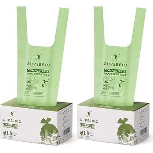 SUPERBIO 1.6 Gallon Handle Tie Compostable Food Scrap Bags, Small Compost Bags with Handles, 50 Count, 2 Pack, BPI & OK compost INDUSTRIAL