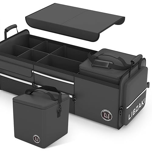 LIBZAKI Oversize 4 in 1 Car Trunk Storage Organizer, Multi Compartment Collapsible Trunk Storage Box with Cooler Bag for Car Truck SUV-Black