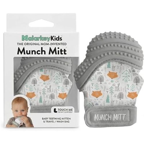 Munch Mitt Patented Teething Mitten Baby Chew Toy - Protects Hands from Chewing & Saliva, Heals Aching Gums, Promotes Sound & Visual Stimulation for Babies - Grey Fox