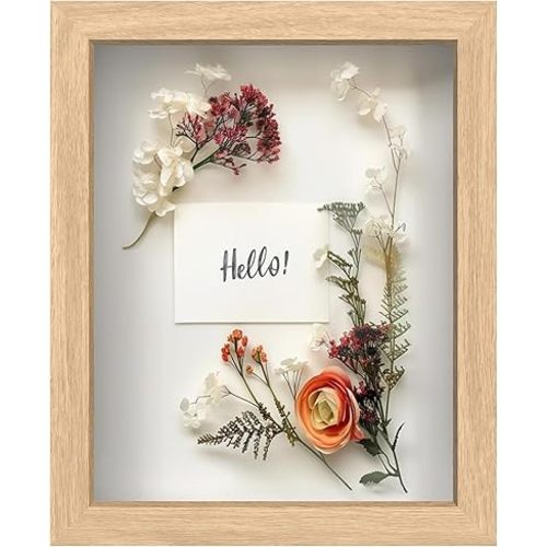 FrameWorks 8” x 10” Natural Oak Wooden Shadow Box Frame – Display Case with Soft Felt Back, Memory Box with Tempered Glass, Display Box with Elegant White Ball Push Pins, Wooden Flower Box