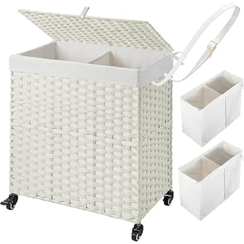 Greenstell Laundry Hamper with Wheels, No Install Needed, 110L Divided Handwoven Hampers & 2 Removable Liner Bags, Rattan Clothes Laundry Basket with Lid & Handles, Foldable Hampers White