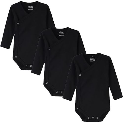 ACESTAR Baby Boy Girl Side Snap Bodysuits - 100% Cotton Plain Long Sleeve Baby Kimono Onesies for Newborn-12 Months, 3 Pack - 0-3 Months - Black