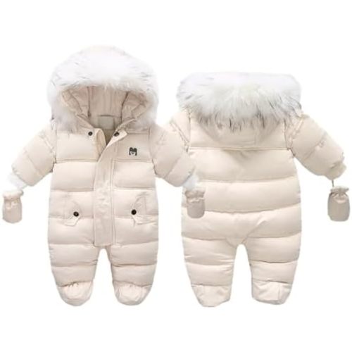 Baby Boys Girls Snowsuit with Gloves Toddler Winter Hooded Footie Infant Warm Jumpsuit Outerwer Thick Newborn Coat
