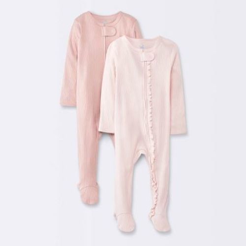 Baby Girls' 2pk Solid Wide Ribbed Sleep N' Play - Cloud Island™ Pink 0-3M: Cotton Footed Pajamas, Two-Way Zipper, Mitten Cuff