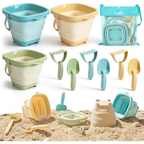Dreamon Beach Toys, 3 Pack Collapsible Sand Buckets for Kids, Shovels & Rakes Set with Mesh Bag, Kids Beach Essentials Sandcastle Building Kit for Beach Trip Outdoor Play and Summer Fun