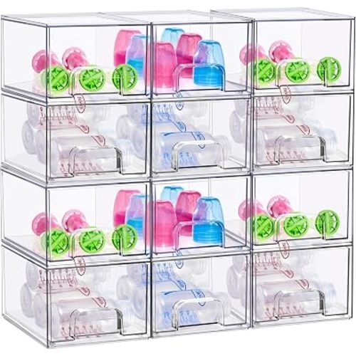 Sorbus Clear Stackable Baby Bottle Organizer Bins – 12 Pack Modular Plastic Storage Containers for Baby Bottles, Nipples, Caps, Pacifiers, Pantry, Kitchen, Cabinet, Nursery & Countertop Organization