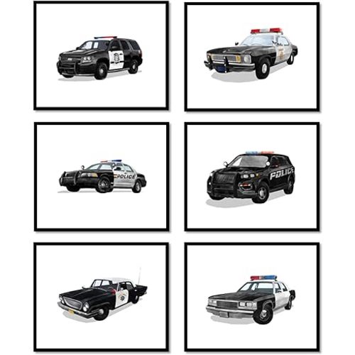 Libemz, Police Cars Posters Prints – Unframed Set of 6 (8 x 10 Inch) – Boys Room Decor, Posters for Boys Room Kids Toddlers Bedroom Playroom Nursery, Birthday Gifts Decorations (Police Cars)
