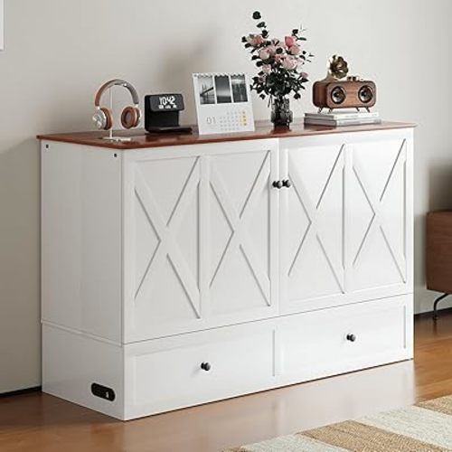 Mjkone Murphy Bed, Queen Size Cabinet Bed with Tri-Folding Memory Foam Mattress, 2 Storage Drawers, Murphy Chest Beds with Built-in Charging Station for Living Room Home Office, Easy Assembly (White)