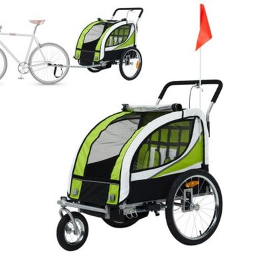 2-in-1 Foldable Child Bike Trailer & Stroller, 2-Seat Bicycle Carrier with 5-Point Harness & Hand Brake, Heavy-Duty Steel Frame for Kids, Green/Black