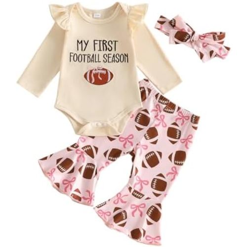 Newborn Infant Baby Girl Football Outfit Football Bow Embroidery Long Sleeve Romper Flare Pants Set Fall Clothes