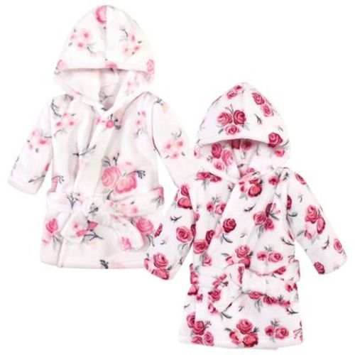 Hudson Baby Infant Girl 2Pc Plush Animal Face Bathrobe, Pink Floral Rose, 0-9 Months