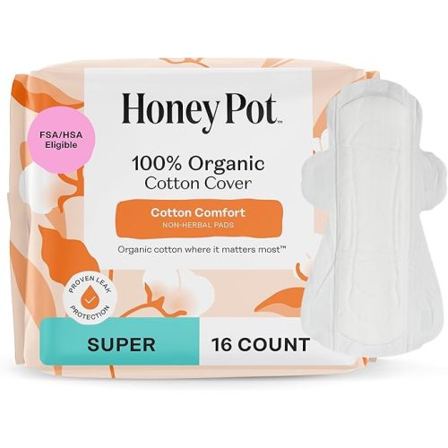 The Honey Pot Company - Sanitary Pads for Women - Non-Herbal Super w/Wings - Organic - Cotton Cover & Ultra-Absorbent Pulp Core - Feminine Care - 16 ct