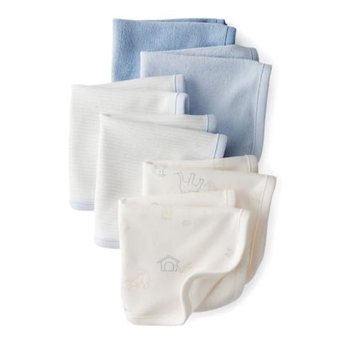 Carter's Baby 6-Pack Cotton Blend Washcloths, Soft Terry Velour, Blue Multi | Soft absorbent cotton-blend washcloths with assorted prints, 10 x 10 inch size, and easy machine-washable care
