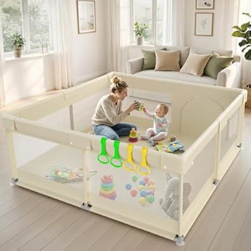 ZEEBABA 59x59in Baby Playpen Without mat, Play Yard for Babies Toddlers, Beige