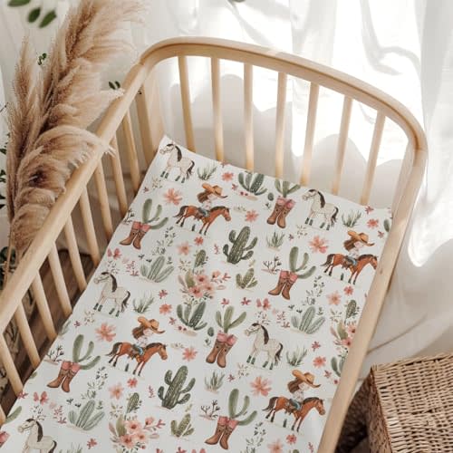 Cute Western Cowgirl Horse Boho Floral Fitted Baby Crib Sheet for Boys Girls 28"x52" Cartoon Cowgirls Boot Hat Cactus Fitted Crib Mattress Cover for Standard Crib and Toddler Mattress