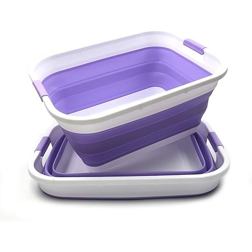 SAMMART Set of 2-41L(10.8 gallon) Collapsible Plastic Laundry Basket-Pop Up Storage Container-Portable Washing Tub-Space Saving Hamper,Water capacity:32L(8.4 gallon) (2 rectangular, Lt. Purple)
