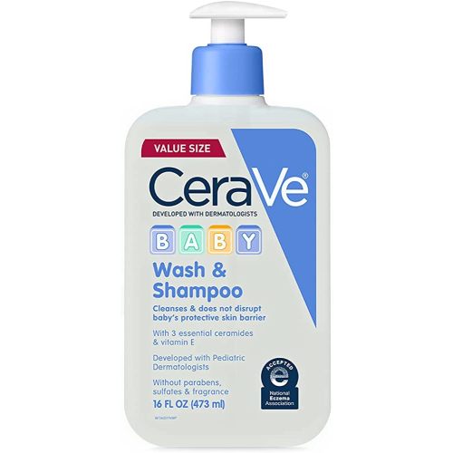 CeraVe Baby Wash & Shampoo, 2-in-1 Tear-Free for Skin Hair Fragrance, Paraben, Dye, Phthalates Sulfate Free Bath, Soap with Vitamin E 16 Ounce