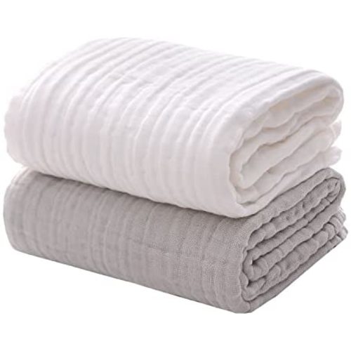 Baby Muslin Bath Towels , Super Soft Cotton Receiving Blanket for Baby's Delicate Skin,2Pack Swaddle Blanket for Newborns Toddlers Boy Girl,Baby Registry as Shower by MUKIN (White Grey)