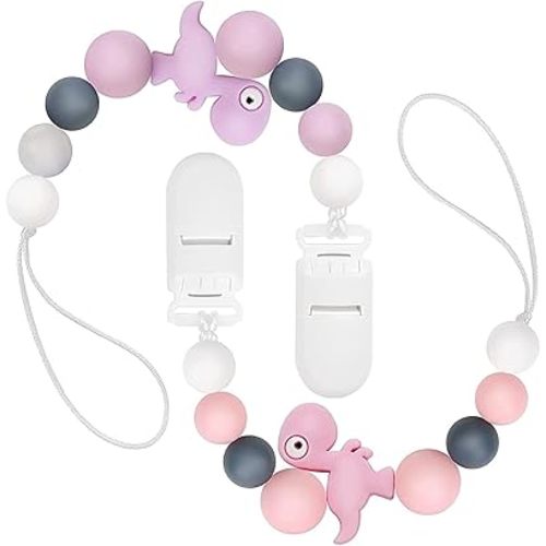 Lot de 2 pinces à tétine en silicone avec perles de dentition pour bébé, garçons et filles, nouveau-né, tétine dinosaure, pinces à cheveux pour fête prénatale et cadeau de bébé (rose et violet)