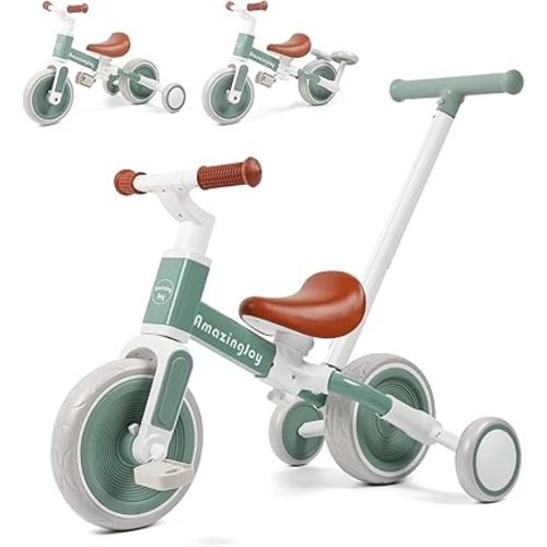 6 in 1 Toddler Tricycle for 1-3 Years Old Kids Balance Bike with Handlebar Push Trike Baby Balance Bike with Removable Pedal Adjustable Seat Birthday Gift for Kids Brown…