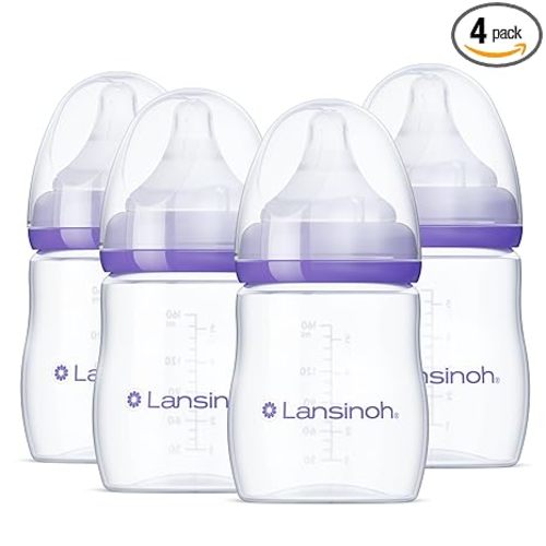 Lansinoh Anti-Colic Baby Bottles, BPA-Free Plastic, 5 Ounces, 4 Count, Extra Slow Flow Nipples (Size XS), Breastfeeding Bottle with NaturalWave Design