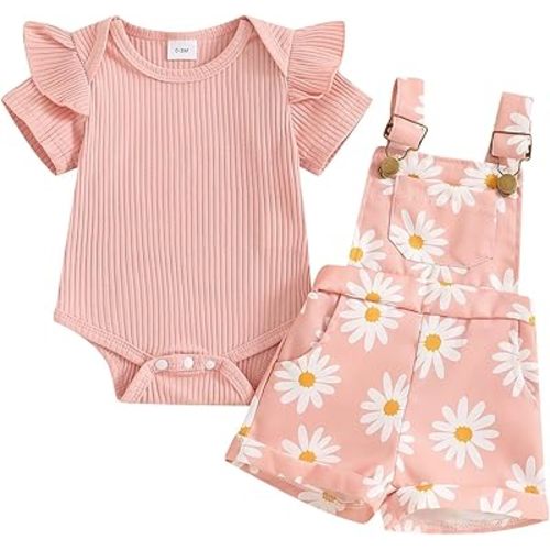 Rtnnsbbfcm Newborn Baby Girl Clothes Summer Outfit Short Sleeve Ribbed Romper Floral Suspender Overalls Shorts Set