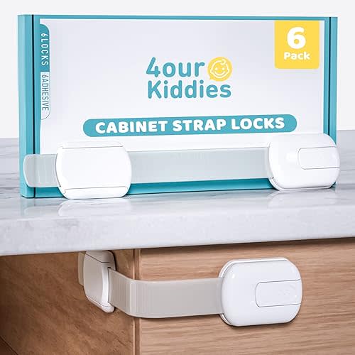 4our Kiddies Child Safety Cabinet Locks for Babies (6 Pack), Child Proof Latches for Cabinets and Drawers Doors, Baby Proofing Cabinet Strap Locks for Cupboard and Closet with 6Pcs Extra 3M Adhesives