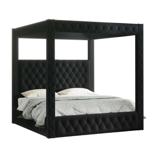 Amerlife Canopy Bed Frame Queen Size with 74.8" Tall Four-Post Design, Modern Deep-Tufted Velvet Upholstered Headboard with Charging Station, Black