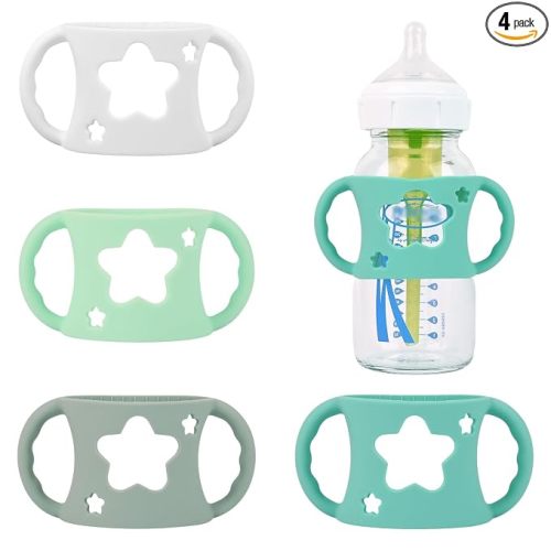 4 Pack Baby Bottle Handles, Silicone Bottle Handles for Dr Brown Wide-Neck Baby Bottles (White+Blue+Green+Grey)