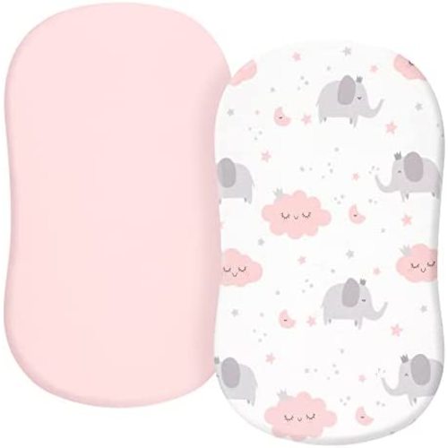 TILLYOU Jersey Knit Soft Bassinet Sheets Fitted for Baby Boy Girl, Stretch to Fit Cover Brands’ Basinette Bedside Co-Sleeper Lounger Cradle Oval Rectangle Hourglass Mattress, 2-Pack Cloud & Elephant