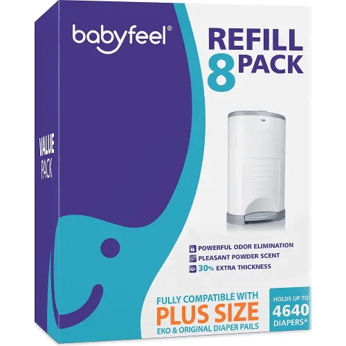 Babyfeel Refills for DEKOR PLUS Diaper Pails, 8 Pack, Exclusive 30% Extra Thickness, Fresh Powder Scent, Holds up to 4640 Diapers