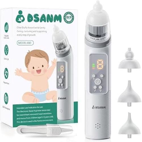 𝟖𝟑%𝟎𝐟𝐟 DSANM Electric Nasal Aspirator for Baby: 5-Level Suction | 78KPa Powerful Suction, Soft Silicone Tips, Large Chamber Auto Nose Sucker, Music & Light Soothing, Battery Indicator