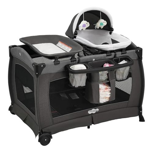 Pamo Babe Pack and Play 4-in-1 Baby Playard with Bassinet & Changing Table, Foldable Portable Playpen with Mattress, Travel Crib for Newborn to Toddler 0-36M-Black
