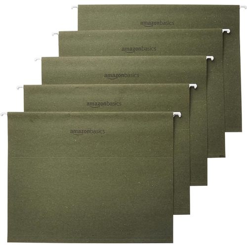 Amazon Basics Hanging File Folders with Adjustable Tabs, Sturdy Expandable Document Organizer, Letter Size 8.5x11 inch, Green, 25-Pack