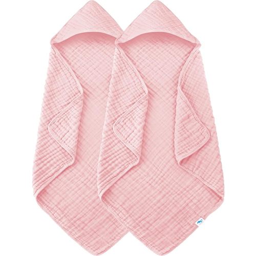SWEET DOLPHIN Muslin Hooded Baby Bath Towels - 2 Pack 100% Cotton Towel for Babies, Infants, Toddlers - 32x32Inch - Highly Absorbent and Newborn Essential, Pink