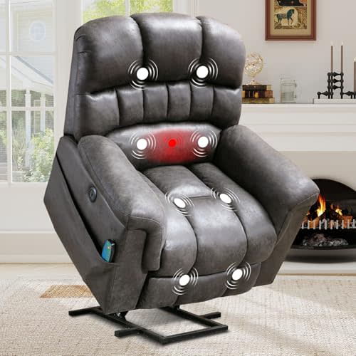 HAOMARKETS Oversized Power Lift Recliner with Massage and Heat for Elderly, Faux Leather Electric Lifting Reclining Chair with Side Pockets and USB Port for Living Room, Grey