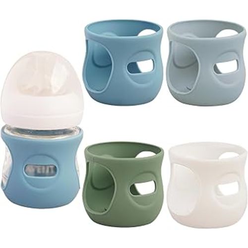 4 Pack Silicone Sleeves for Avent Natural Glass Baby Bottles, Anti Breakage Bottle Holder, Compatible with Philips Avent Glass Natural Baby Bottles (Blue+Gray+Green+White, 4 OZ)