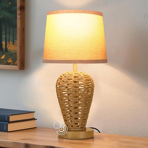 Boho Table Lamp,Touch Control & 3 Way Dimmable,100% Hand Woven Rattan Coastal Farmhouse Bedside Nightstand Lamp for Bedroom, Living Room, Office (2700K Bulb Included)