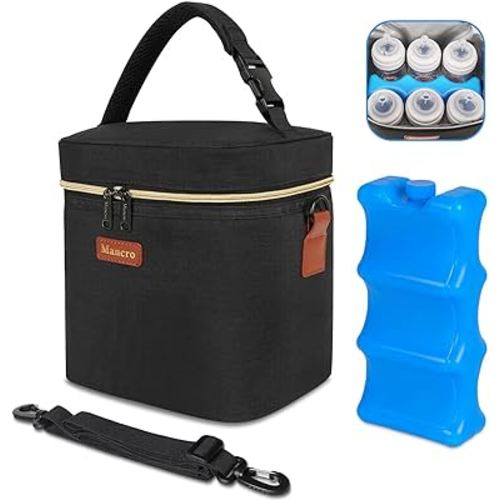 Mancro Breastmilk Cooler Bag with Ice Pack, Fits 6 Baby Bottles Up to 9 Ounce Insulated Bottle Bag, Breast Milk on The go Strap, for Nursing Mom Daycare, Black