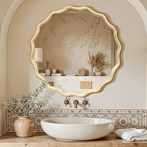 Circle Wood Mirrors for Wall, Wavy Round Bathroom Scalloped Mirror Wooden Frame 28 Inch for Living Room Farmhouse Bedroom Hallway Entryway Living Room with Shatterproof Glass Wall Mounted