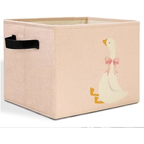 HSIASHENG Coquette Pink Bow Goose Storage Bins Box with Handles, Goose Nursery Decor, Cute Geese Laundry Basket Hamper Collapsible Clothes Toys Organizer for Girls Room Playroom Bathroom