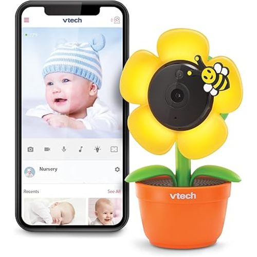 VTech RM9751 Yellow Daisy Smart Wi-Fi Baby Camera, iOS & Android Enabled, 1080p Full HD, Privacy Mode Cover, Night Light, Soothing Sounds & Lullabies, Two-way Intercom,Temperature Sensor, Night Vision