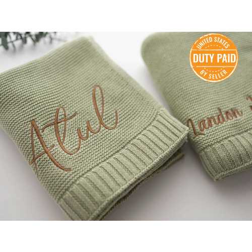 Personalized Embroidered Cotton Knit Baby Name Blanket, Custom Nursery Throw (30x40 Inches)