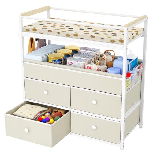 Baby Diaper Changing Table Dresser with Safety Bumper and 4 Drawer | Diper Station with Mesh Pocket and 5 Hook, Nursery Dresser with Storage Bin for Baby Item, Baby Furniture Meet Safe Standards