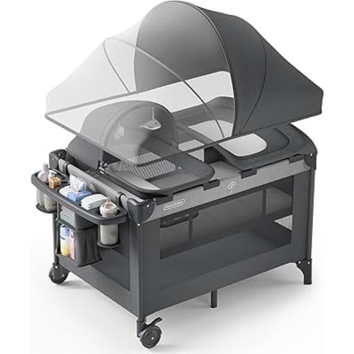 4-in-1 Baby Bassinet with Playard, Sleeper Nest, Changing Table, Mosquito Net & Canopy, Storage and Toys for Newborn to Toddler