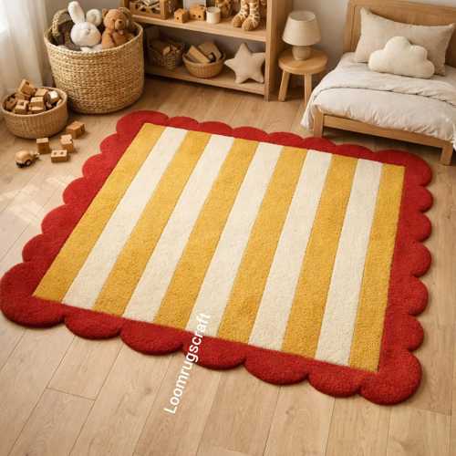 8x10 Playful Scalloped Border Kids Rug – Yellow & Ivory Striped Tufted Area Rug with Red Edge | Soft Nursery,Playroom Carpet Decor 5x8 6x9