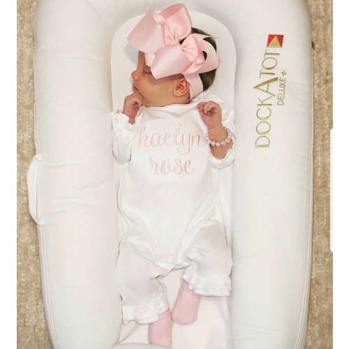 Baby girl coming home outfit, monogrammed ruffle romper, pima cotton, sk creations, Preemie, Newborn