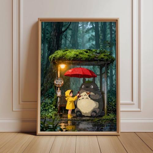 Totoro Poster, Rainy Forest Wall Art, Red Umbrella Bus Stop Scene, Cozy Anime Decor for Nursery Bedroom Reading Nook Gift