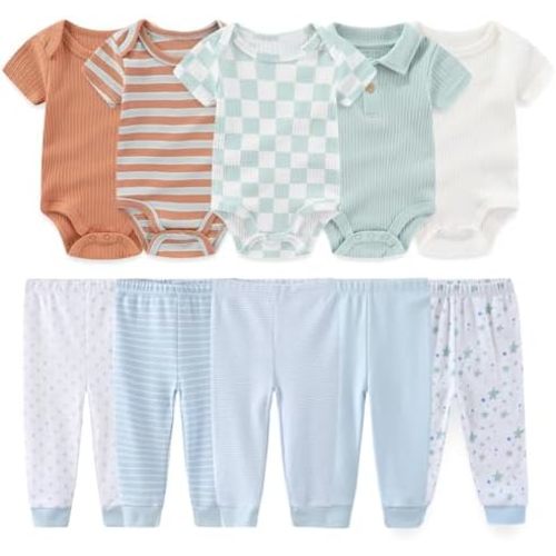 Baby Boy Girl 10 Piece Combined Type Clothing Set Cotton Baby Bodysuits and Pants Set Home Outdoor Infant Clothes