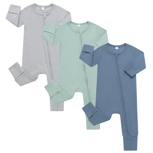Bafeicao 3 Pack Baby Boy Girl Rompers with Mitten Cuffs, Ribbed Cotton 2 Way Zipper Romper One Piece Jumpsuits Clothes